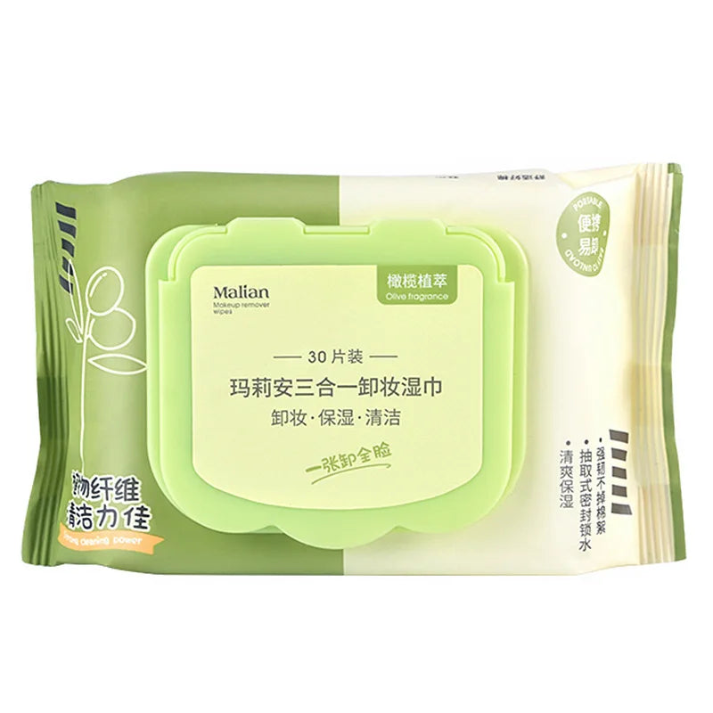 Olive Plant Extract Makeup Remover Wet Wipes with Sufficient Water for Cleaning and Moisturizing, 30 Puffs