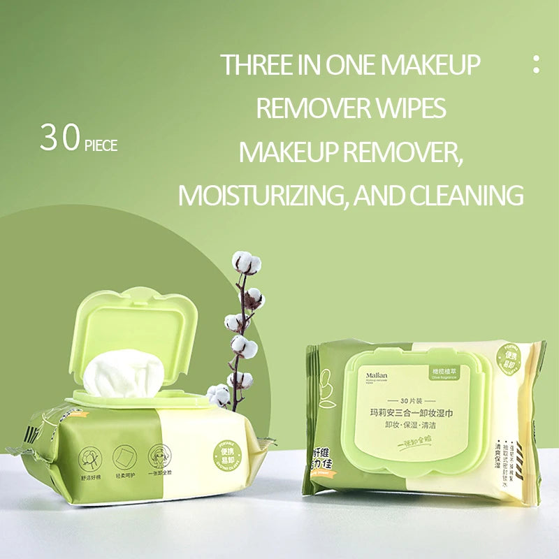 Olive Plant Extract Makeup Remover Wet Wipes with Sufficient Water for Cleaning and Moisturizing, 30 Puffs